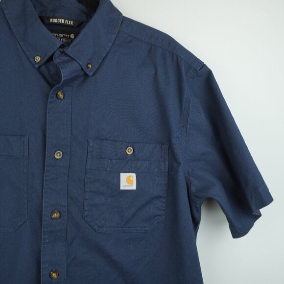 Carhartt Rugged Flex Ralaxed Fit Navy Blue Short Sleeve Button Up Shirt SZ Large - Picture 2 of 7